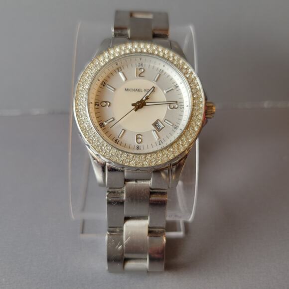 Michael Kors MK-5401 Women's Silver Gold Crystal Bezel Date Watch 36mm Tested - Picture 2 of 16